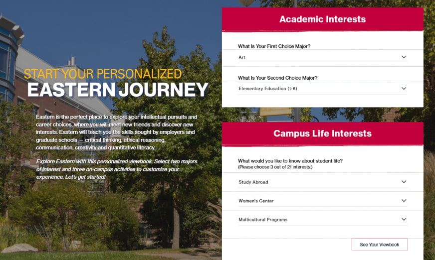 Eastern Connecticut Personalized Viewbook landing page