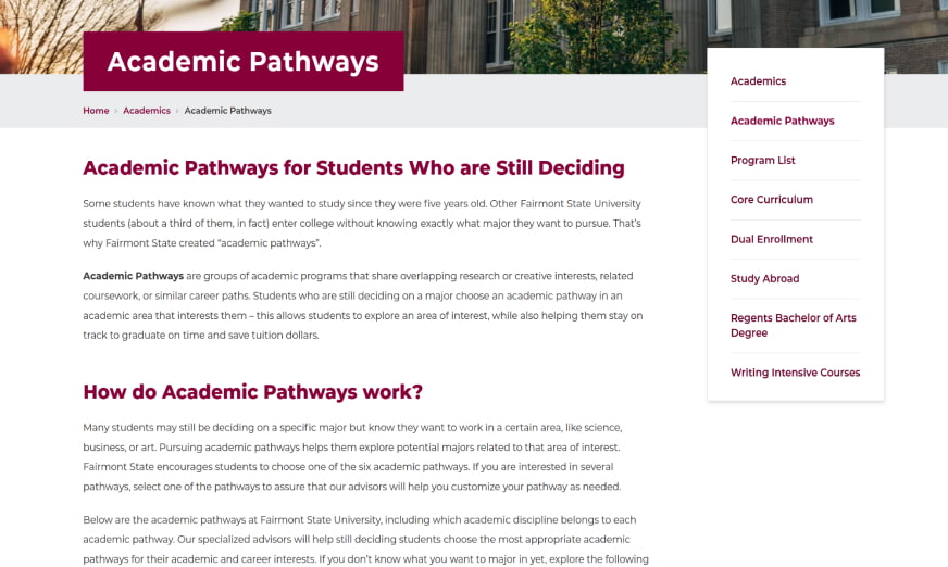 Fairmont Academic Pathways page