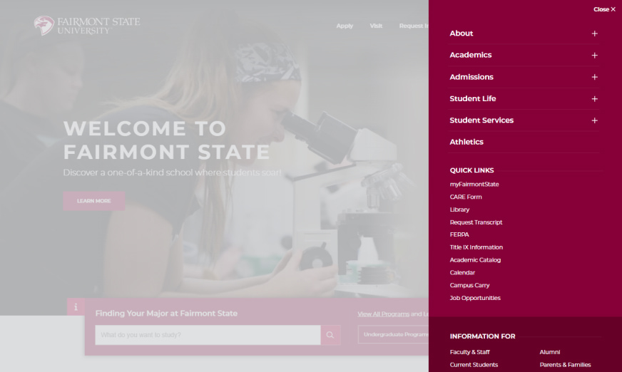 Fairmont slide-out main menu opened