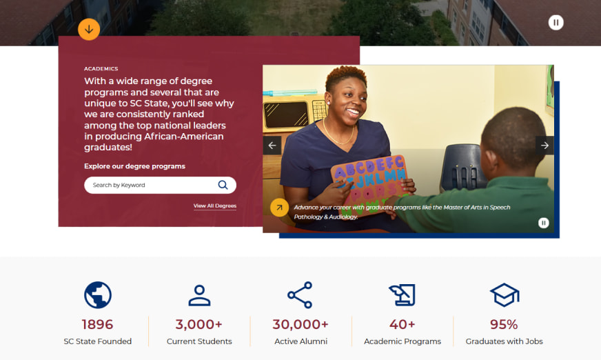 South Carolina State University Homepage Academic section and infographics