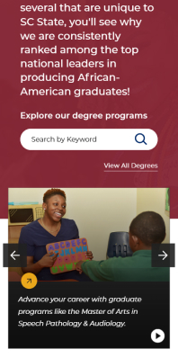 South Carolina State University Homepage Academic section and infographics on mobile