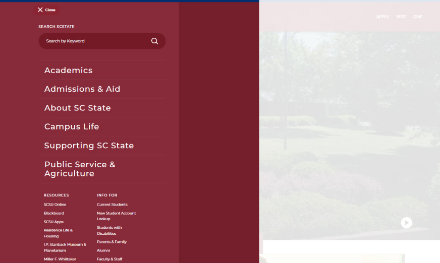 South Carolina State University slide-out menu opened