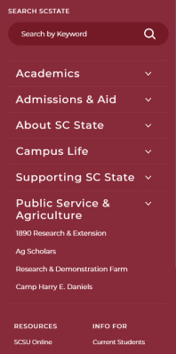 South Carolina State University slide-out menu opened on mobile