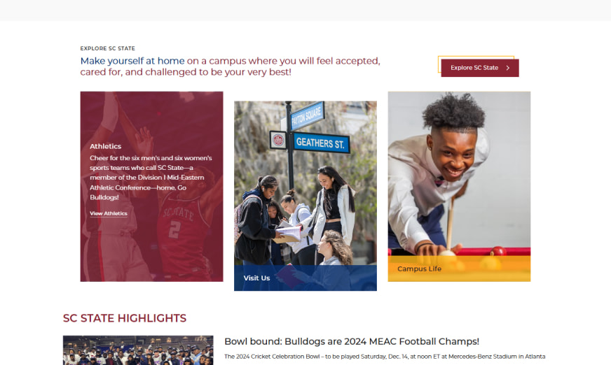 South Carolina State University Homepage explore section
