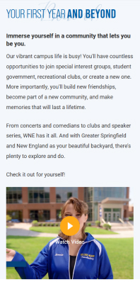Western New England University Student Experience page on mobile