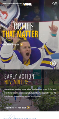 Western New England University Homepage impact area on mobile