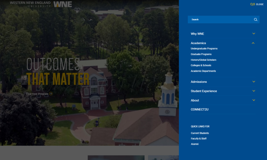 Western New England University slide-out menu opened