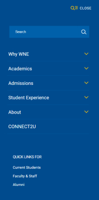 Western New England University slide-out menu opened on mobile
