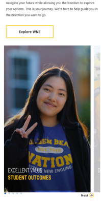 Western New England University Homepage Explore section on mobile