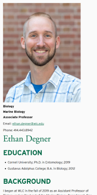 Profile page for Wisconsin Lutheran College professor on mobile