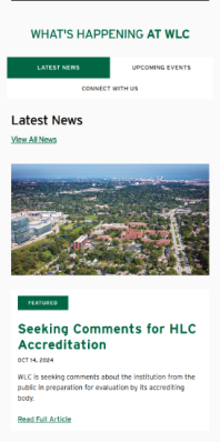 Wisconsin Lutheran College Homepage news and events section on mobile
