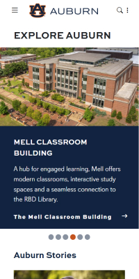 Auburn's homepage Explore Auburn feature component mobile