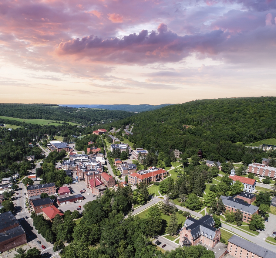 Aerial view of Alfred's campus at sunset.