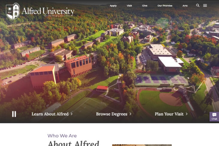 Aerial view of Alfred's campus at sunset.
