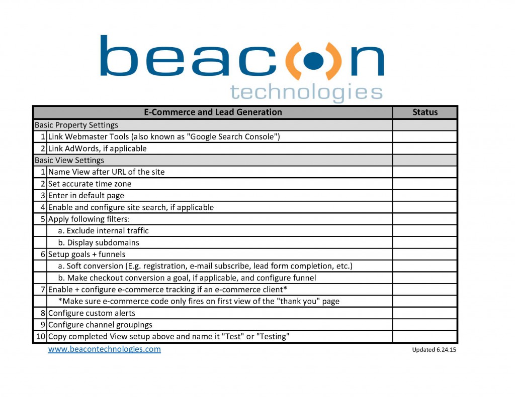 Basic GA Setup Checklist--Beacon Technologies