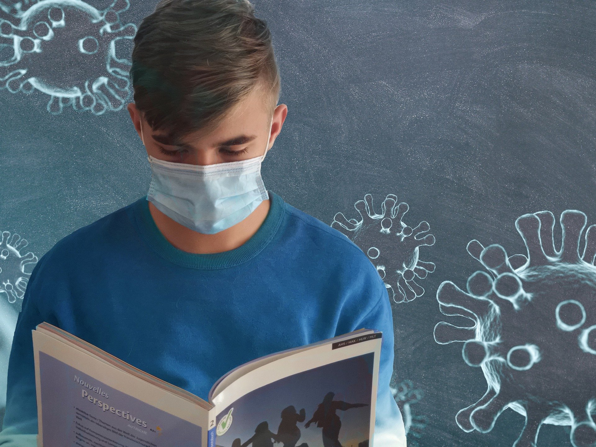 masked student reading