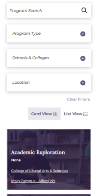Alfred's program listing page with filtering and image cards.