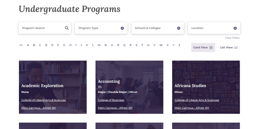 Alfred's program listing page with filtering and image cards.