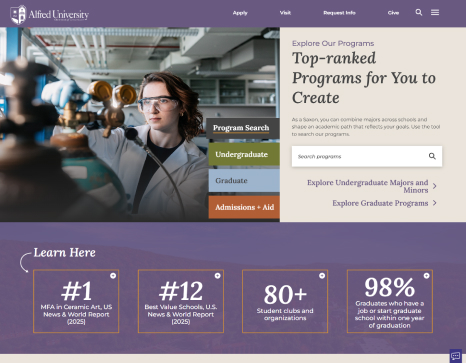 Alfred's unique tabbed homepage academic section.
